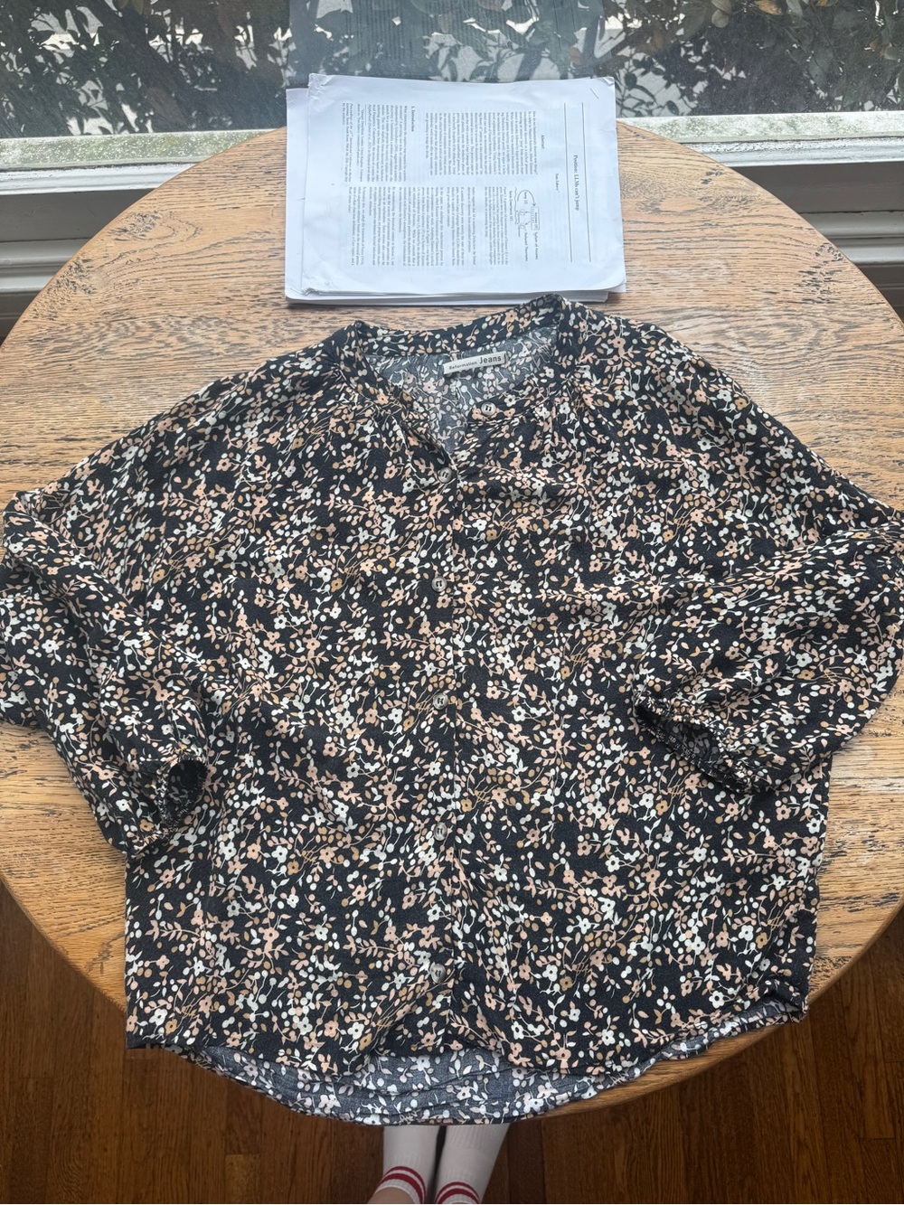 Reformation Black Floral Button-Front Three quarter Sleeve Blouse